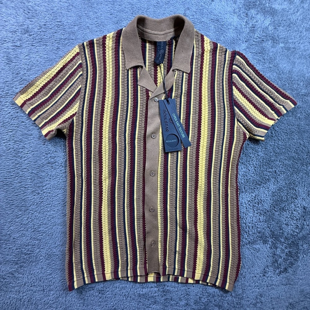Soul Star England Men M Retro Striped Button Up Polo Shirt Open Knit Cotton NWT